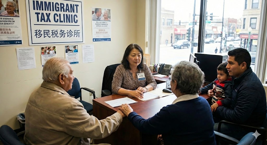 A friendly tax advisor helping a senior couple and a young family at a desk.